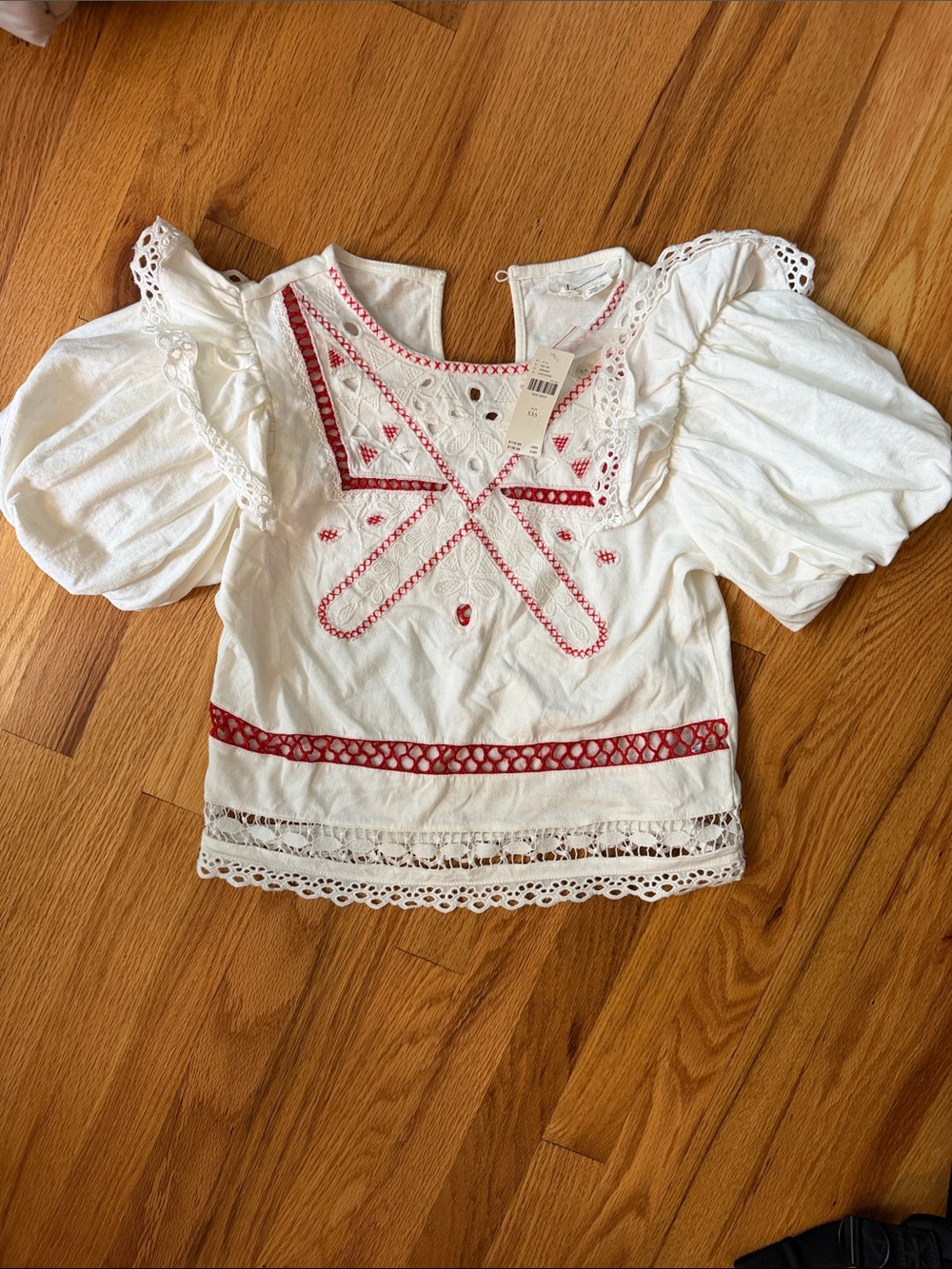 White Embroidered Puff-Sleeve Top with Red Accents by Anthropologie